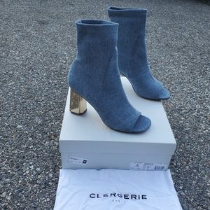 NIB CLERGERIE PARIS Zoots Denim Stretch Open Toe Gold Heel Ankle Boots sz 40.5